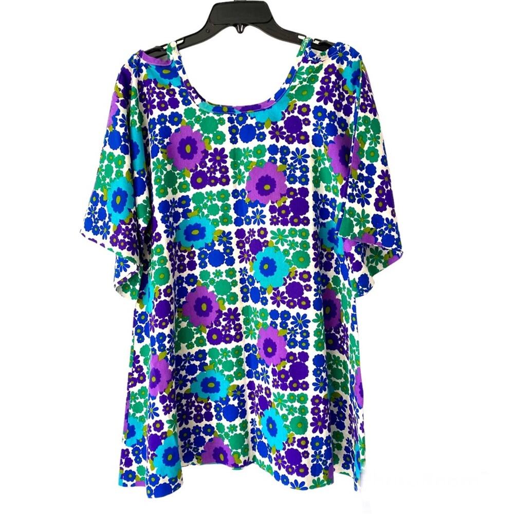 Vintage Top Drawer Newport Beach 70s Groovy Hippie Blouse size 12 Purple Flowers